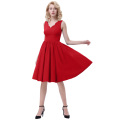 Belle Poque Sleeveless V-Neck High Stretchy A-Line Vintage Red Women One-piece Casual Dresses BP000269-3